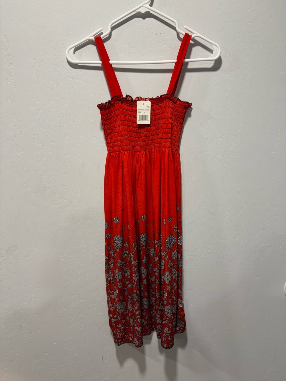 Women midi summer dress Red Floral Smocked Sundress strap size medium (6)